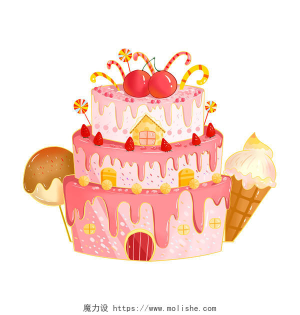 粉红色手绘卡通蛋糕甜品樱桃水果蛋糕元素PNG素材